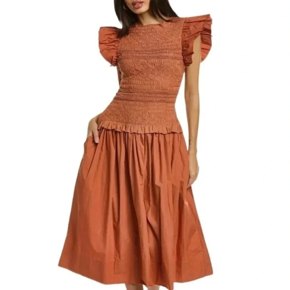 ULLA JOHNSON Madeline Smocked Midi Dress Size 6 NWT
